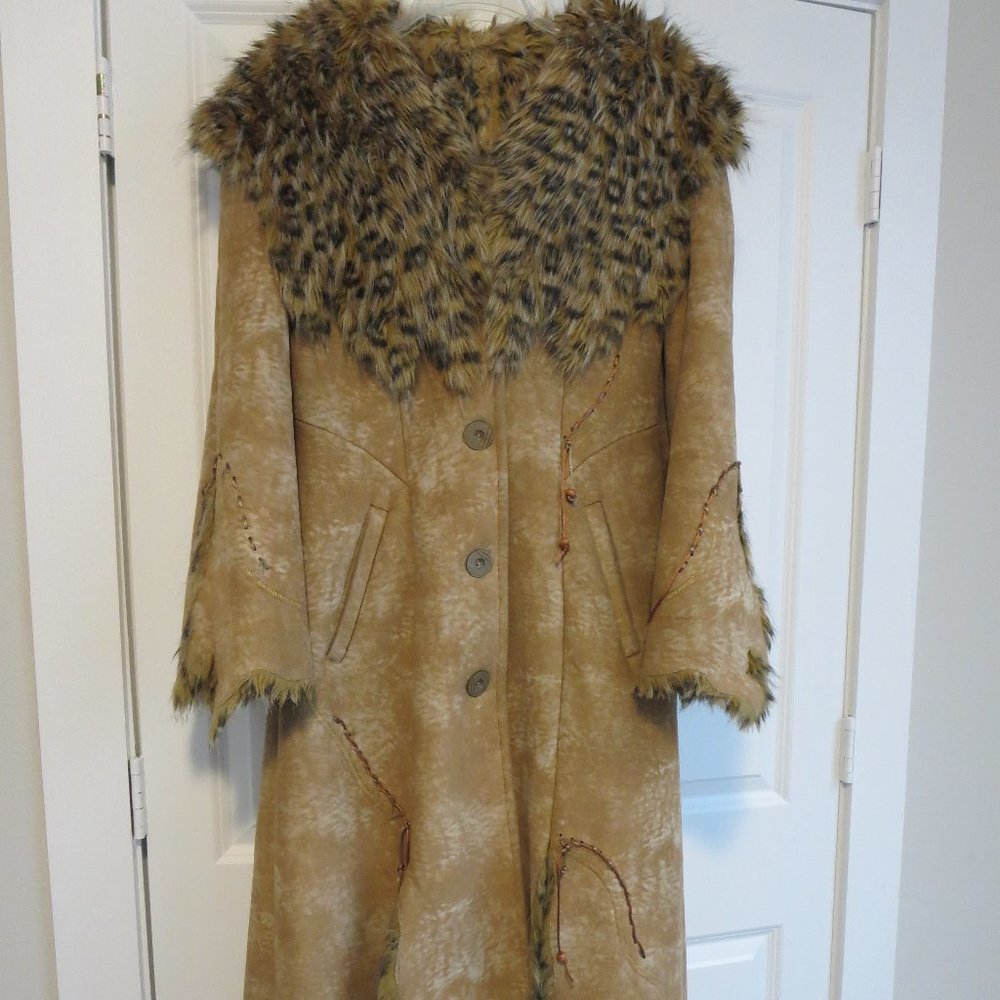 REM Leopard Print Faux Fur Hooded Long Coat Jacket Sz M